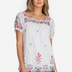 Johnny Was Embroidered Puff Sleeve Peasant Top